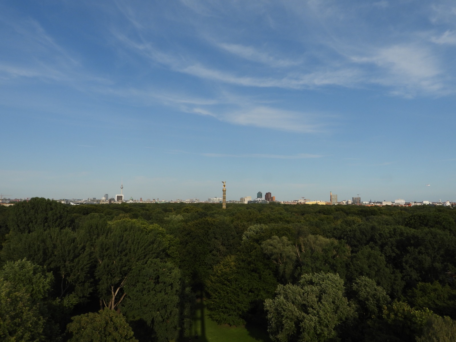 Blick vom Kirchturm über den Tiergarten zur Berliner Skyline und Siegessäule